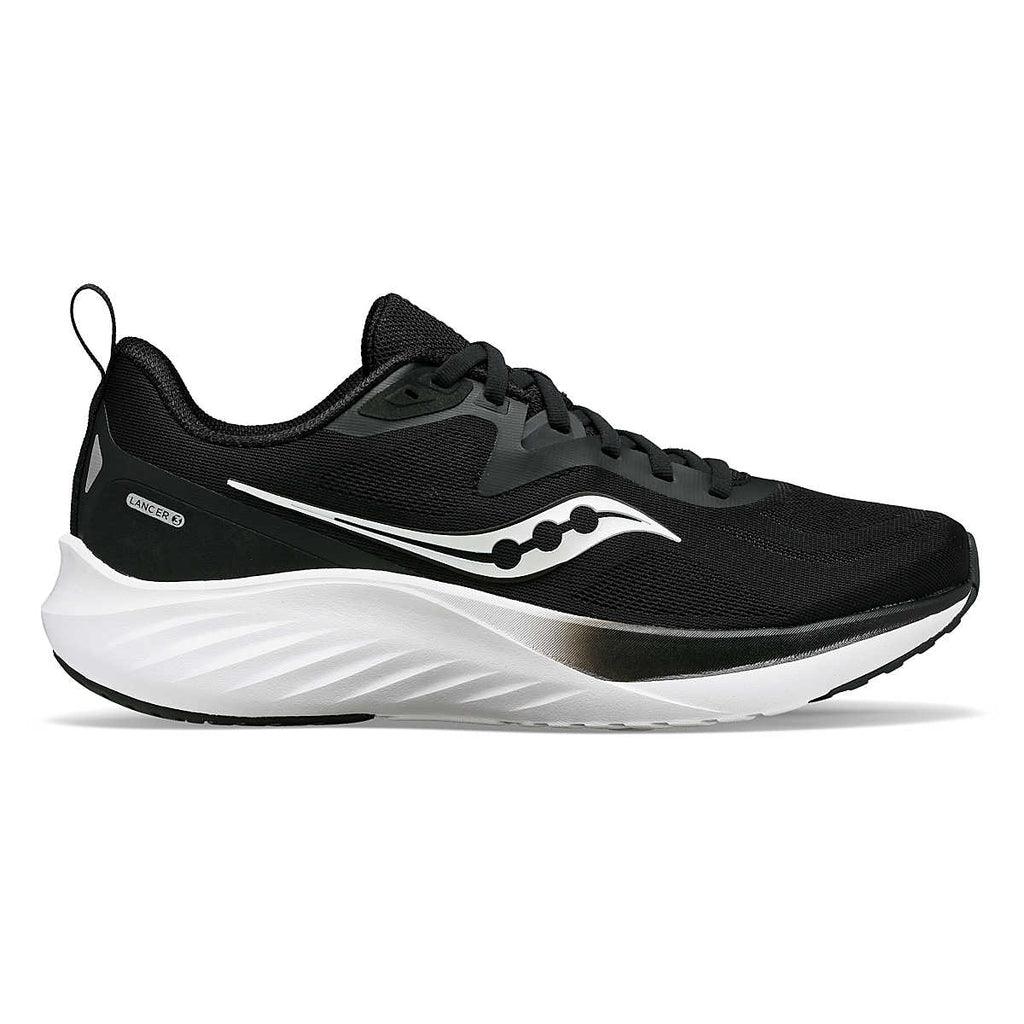 Tenis Saucony Lancer 3 para mujer en color negro y blanco, vista lateral derecha, envío a todo Colombia