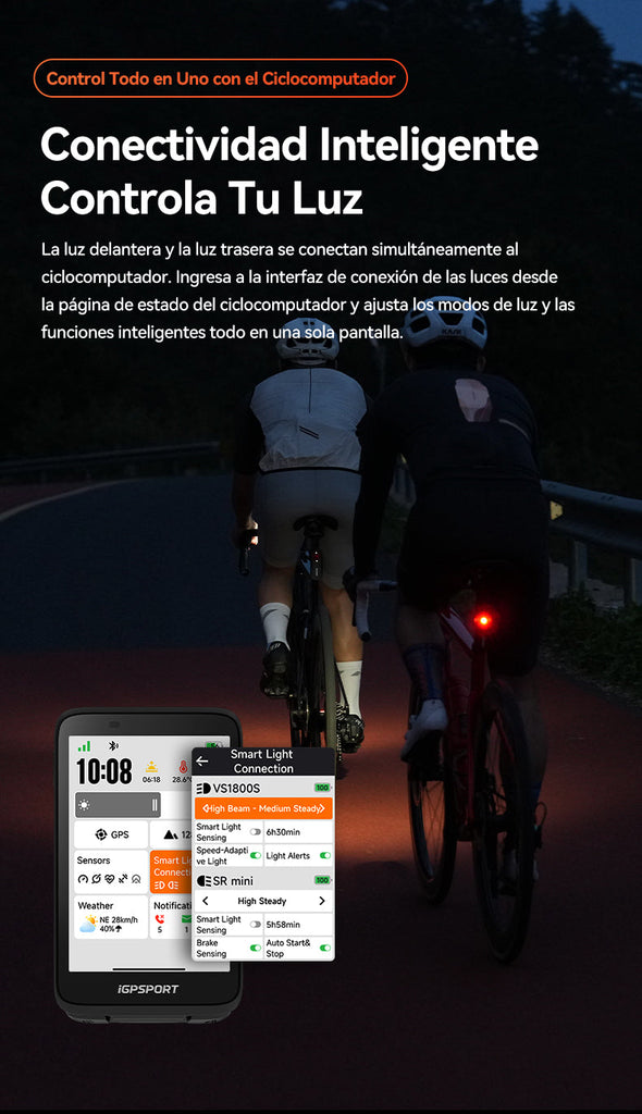 Pantalla del ciclocomputador mostrando control de luz VS1800S envío a todo Colombia Serjaf Cycling